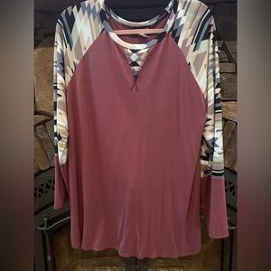 Heimish Aztec and Plum color blocked Knit shirt. Long sleeve.